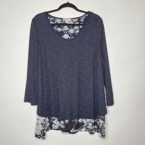 Layered Tiered Floral Hem Tunic Size 2X Mixed Media Knit Pullover Scoop Neck Top